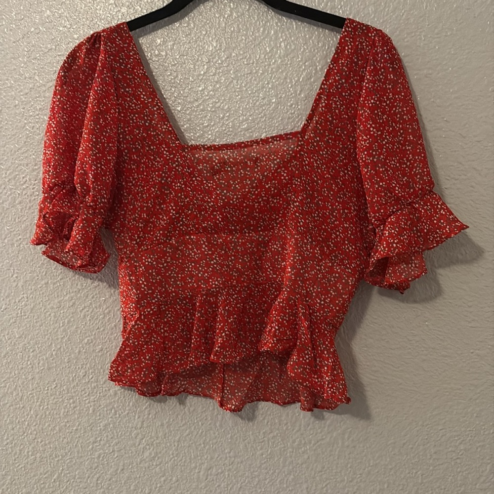 Red Floral Ruffle Top - Picture 2 of 7